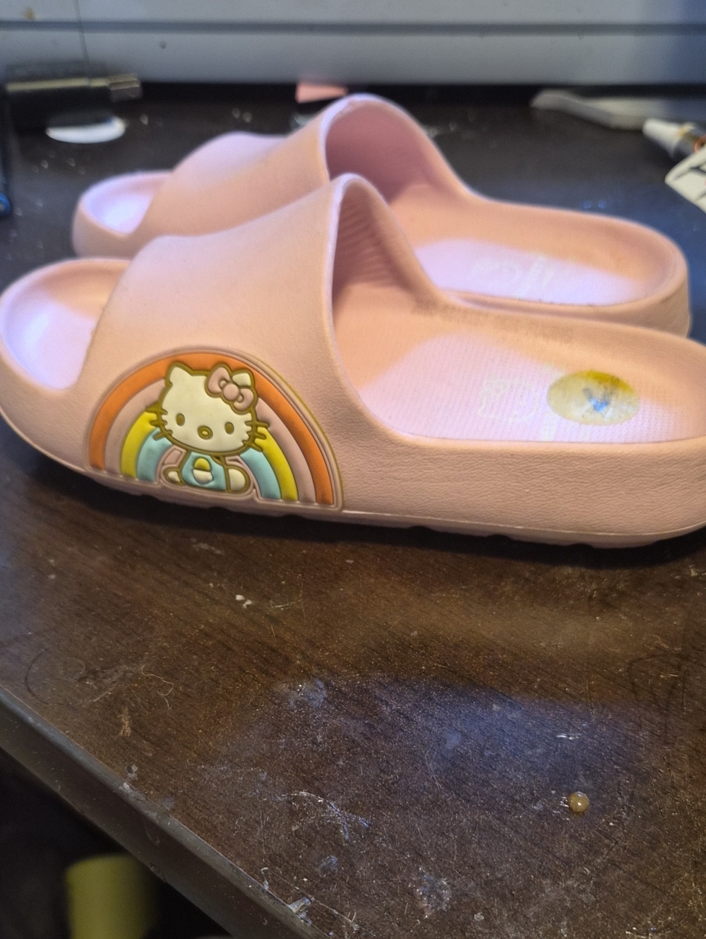 Hello Kitty Pastel Pink Kids Slide Sandals with Rainbow Charm